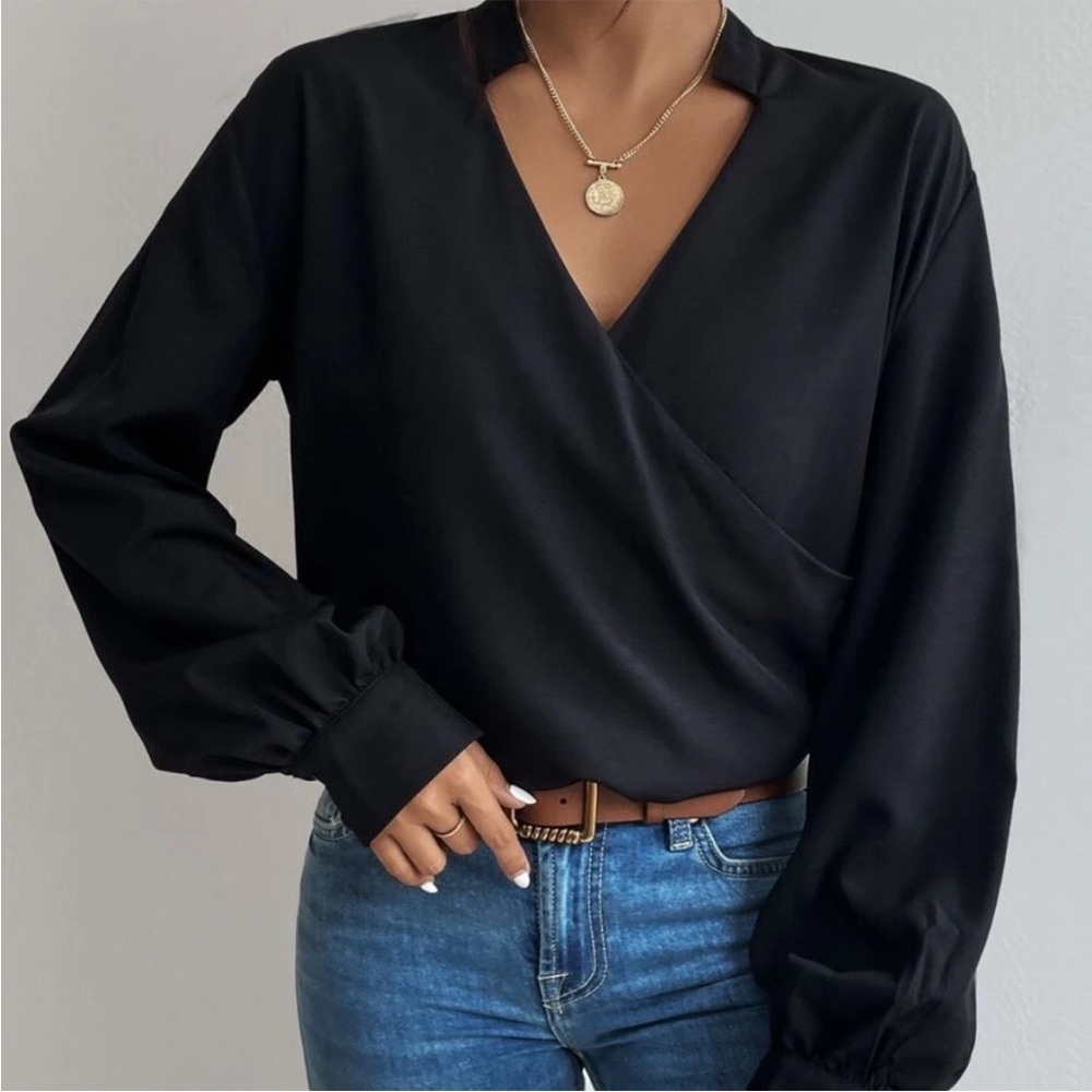 NEW! Luxe Surplice Semi Sheer Black Elegant Blouse! - Picture 4 of 5